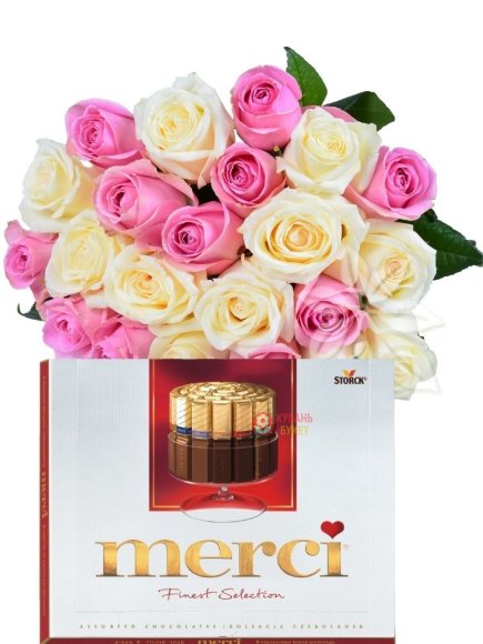 Букет розовых и белых роз с конфетами "Merci" заказать за 4 970 руб. с доставкой
